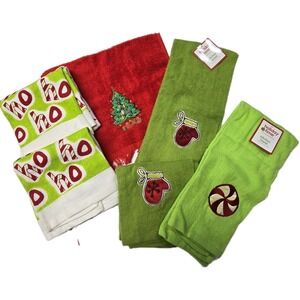 Vintage 90s Y2K Set Of 6 Holiday Hand Towels  Mittens Candy Ho Ho Ho Christmas